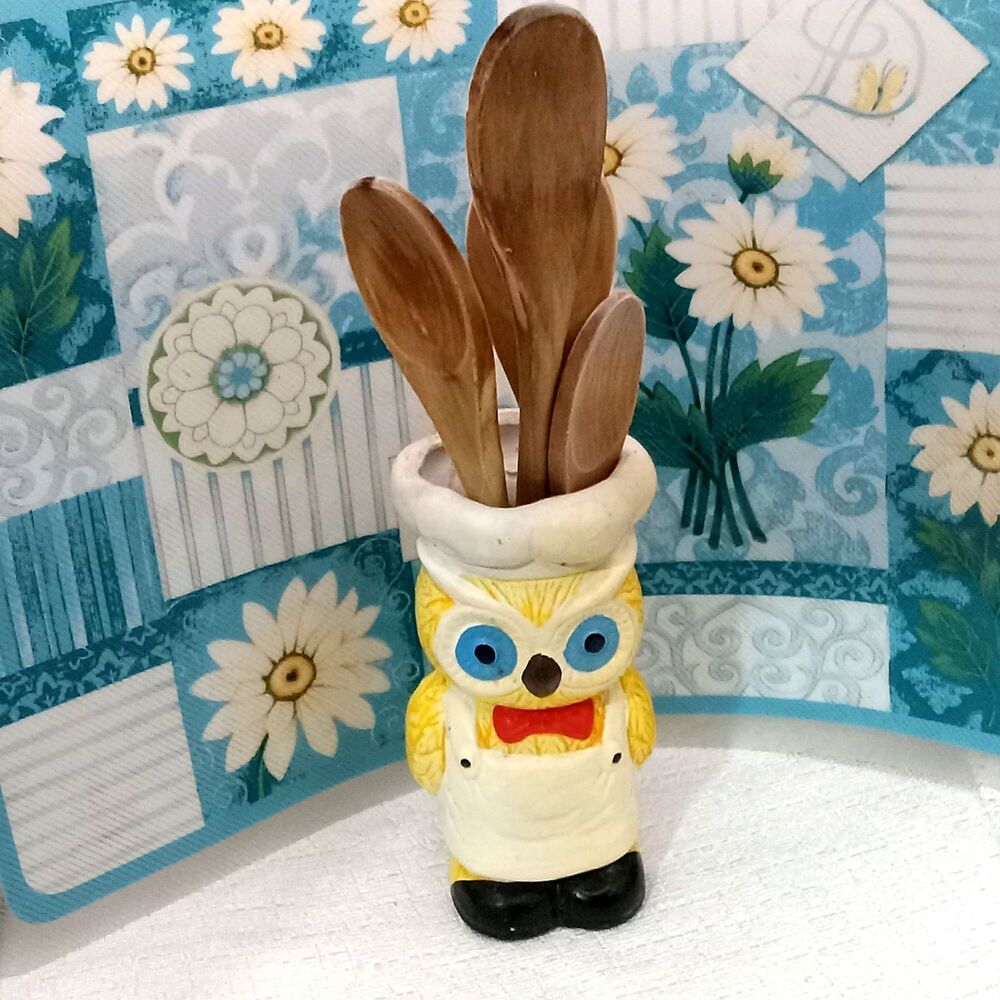 Ceramic Kitchen OWL Yellow Utensil Holder 6" Tall  Chef Apron Vtg 70s Novelty